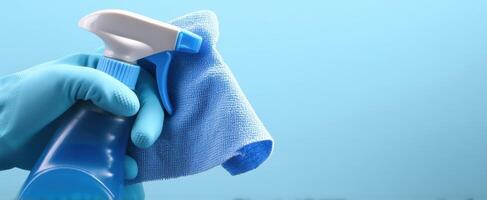 The cleaning spray bottle with cloth in hand ready for disinfecting surfaces photo