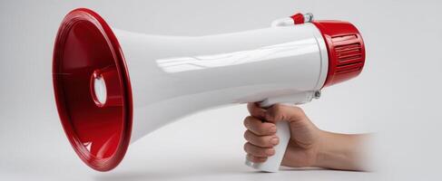 The striking megaphone held by a hand for effective communication. photo