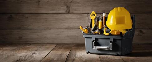 The toolbox filled with essential tools and a safety helmet for construction work. photo