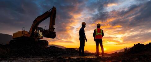 The excavation workers discussing a project during a stunning sunset. photo