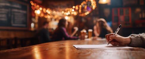 The Handwriting on a Table Surrounded by Friends in a Cozy Bar Setting photo