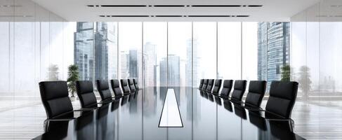 The sleek conference room with a panoramic city view and luxurious design photo
