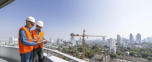 The engineers collaborating on a construction project in an urban environment. photo