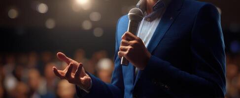 The confident speaker engaging an audience with inspirational storytelling. photo