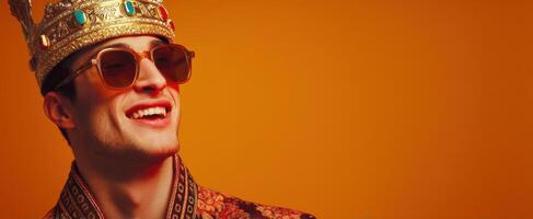 The confident young man wearing a crown and sunglasses smiles stylishly against a vibrant background photo