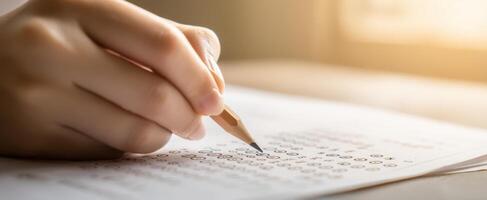 The focused hand writing answers on a test sheet during an exam. photo