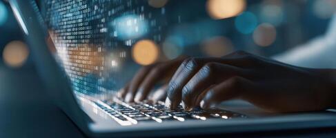 The hands typing on a laptop amidst digital coding and binary displays. photo