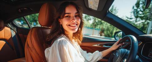 The smiling woman enjoying a drive in a stylish car on a sunny day. photo