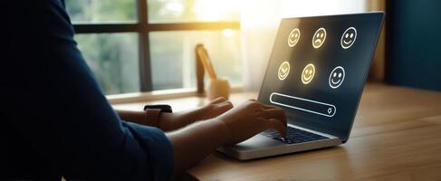 The laptop showing emotional feedback icons in a modern workspace setting. photo