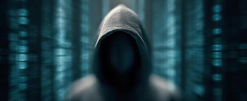 The hooded figure representing anonymity in a digital landscape photo