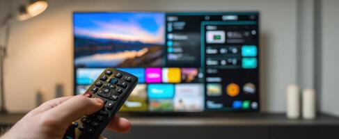 The modern remote control in front of a smart television screen. photo