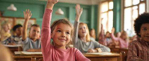 The eager student raising her hand in a lively classroom setting. photo