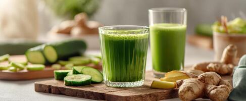 The refreshing green juice made with cucumber and ginger on a wooden board. photo