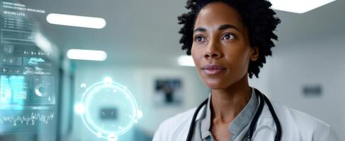 The innovative doctor analyzing data with advanced technology in a modern healthcare setting. photo