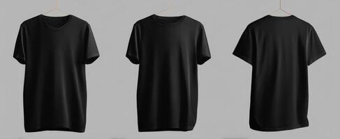 The black t-shirt displayed from multiple angles on a neutral background. photo