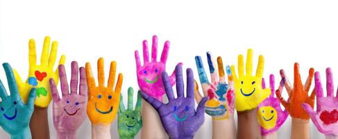 The vibrant display of colorful painted hands showcasing joyful expressions. photo