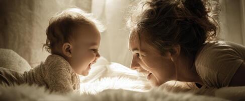 The joyful interaction between a mother and her baby in a cozy environment. photo