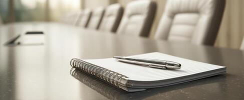 The elegant meeting space featuring a notebook and pen for collaboration. photo