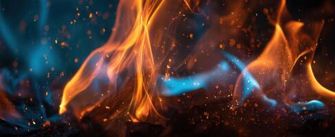 The vibrant dance of flames and blue sparks in a warm glow photo