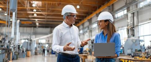The professionals discussing project details in a modern industrial workspace. photo