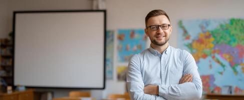 The smiling teacher standing confidently in a modern classroom setting. photo