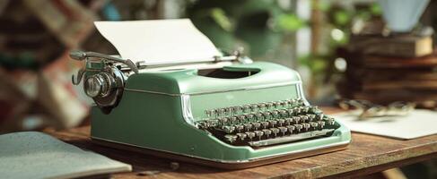 The vintage typewriter on a rustic desk waiting for inspiration to strike. photo