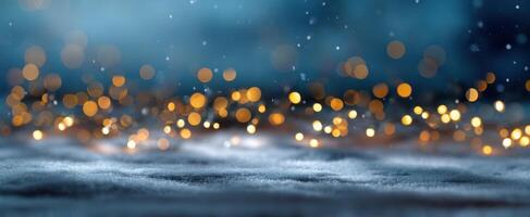 The beautiful bokeh lights glowing softly in a wintery snowy landscape. photo