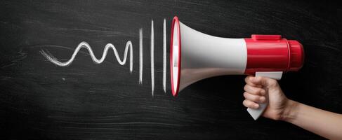 The megaphone signaling communication and engagement on a chalkboard backdrop. photo