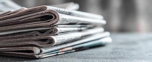 The stack of newspapers showcasing various articles and headlines on a table. photo