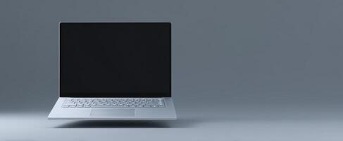 The sleek modern laptop showcasing a blank screen on a minimalist workstation. photo