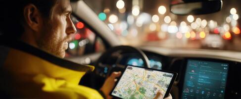 The driver using a tablet for navigation in a modern car at night photo