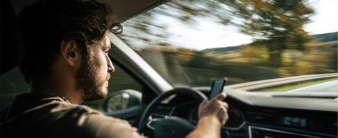 The man using a smartphone while driving on a scenic highway. photo