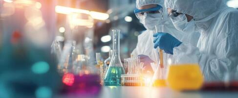 The scientists conducting experiments with colorful liquids in a modern laboratory photo