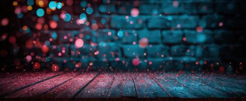 The colorful bokeh lights shimmering against a textured brick wall. photo