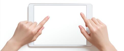 The hands interacting with a blank tablet screen on a white surface. photo