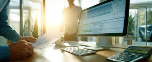 The professional workspace featuring computer and documents illuminated by sunlight. photo