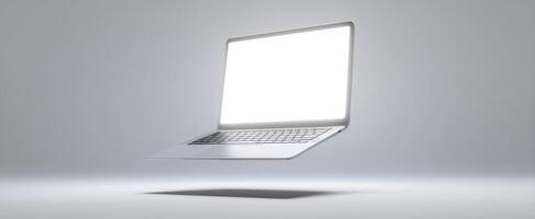 The innovative floating laptop showcasing a blank screen for design purposes. photo