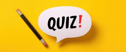 The Quiz Concept with a Creative Speech Bubble and Pencil on Yellow Background photo