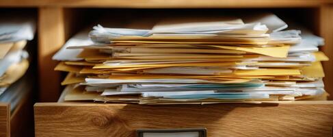 The cluttered drawer filled with stacked folders and paperwork in an office. photo