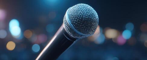 The microphone in focus amidst vibrant concert bokeh lights. photo