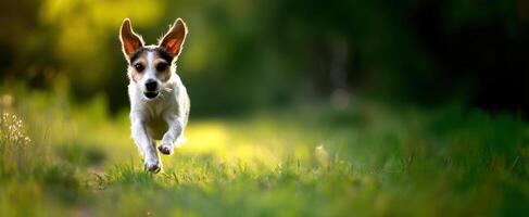 The playful dog joyfully running through a sunlit grassy field. photo