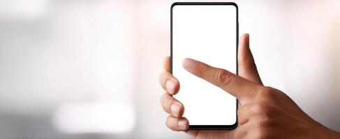 The smartphone showcasing a hand interacting with a blank screen. photo