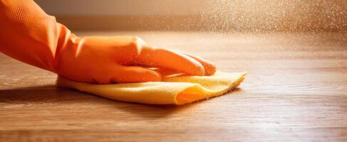 The Hand Cleaning a Wooden Surface with a Microfiber Cloth photo