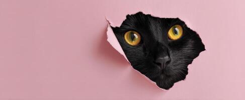 The Curious Cat Peeking Through a Hole in a Pink Wall photo