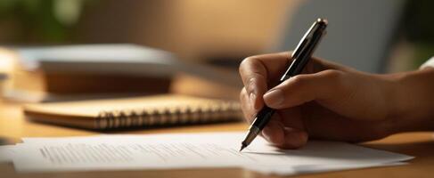 The elegant hand poised to write on a crisp piece of paper. photo