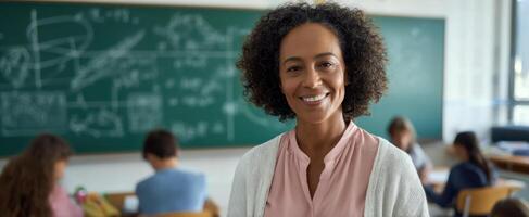 The confident teacher inspiring students in a modern classroom setting. photo