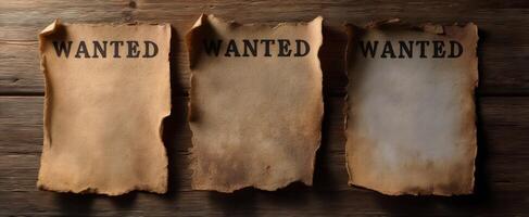 The wanted posters sitting on a rustic wooden table surface. photo