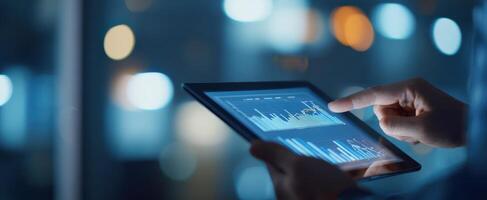 The tablet displaying financial data and graphs in a modern workspace. photo