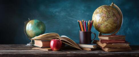 The vintage desk with globes, books, and stationery symbolizes learning and discovery. photo