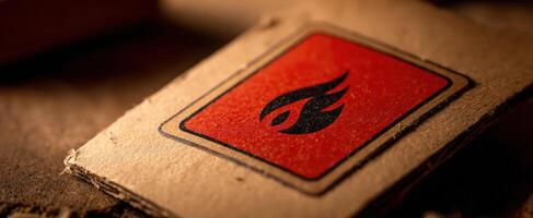 The warning sign featuring a bold flame symbol on textured background. photo